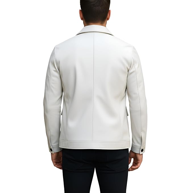 Back view of a man wearing the off-white cream Titan Grain Navy Mens Lambskin Leather Moto Jacket featuring four box-pleated flap pockets and black contrast buttons.