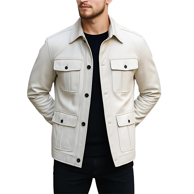 Side view of a man wearing the off-white cream Titan Grain Navy Mens Lambskin Leather Moto Jacket featuring four box-pleated flap pockets and black contrast buttons.