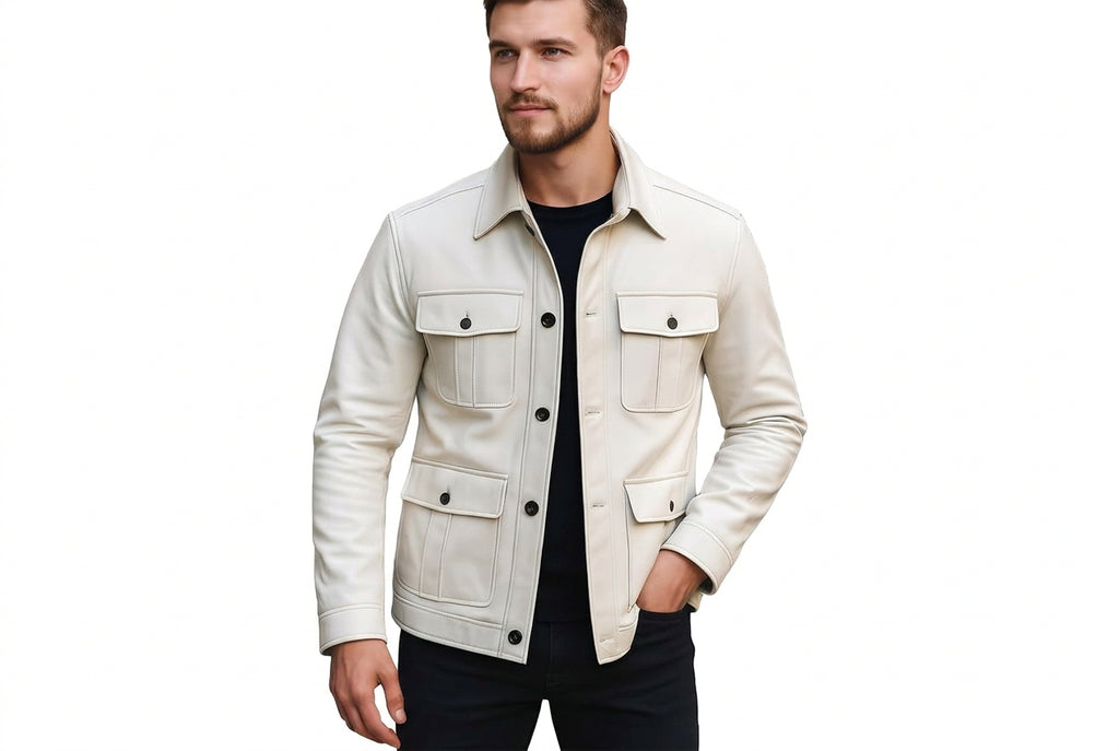 Front view of a man wearing the off-white cream Titan Grain Navy Mens Lambskin Leather Moto Jacket featuring four box-pleated flap pockets and black contrast buttons.