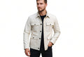 Front view of a man wearing the off-white cream Titan Grain Navy Mens Lambskin Leather Moto Jacket featuring four box-pleated flap pockets and black contrast buttons.