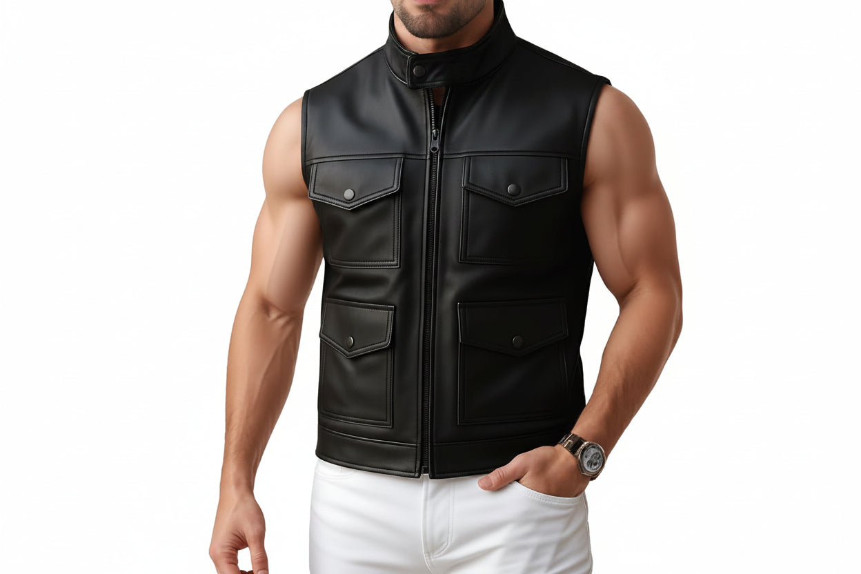 Titan Hide Distressed Motorcycle Leather Vest for Men – rugged distressed motorcycle leather vest by Urbanhides, designed for riders and leather enthusiasts in the UK, USA and Australia.