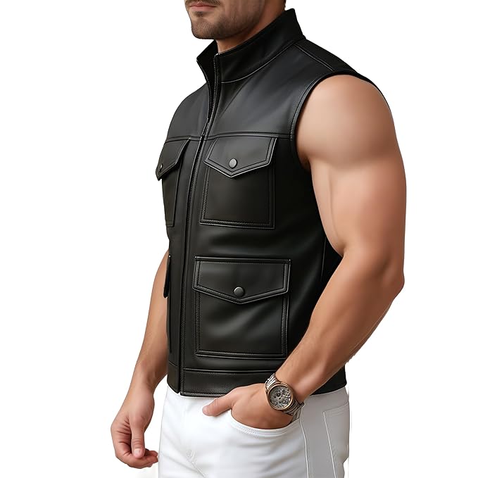 Titan Hide Distressed Motorcycle Leather Vest for Men side – rugged distressed motorcycle leather vest by Urbanhides, designed for riders and leather enthusiasts in the UK, USA and Australia.