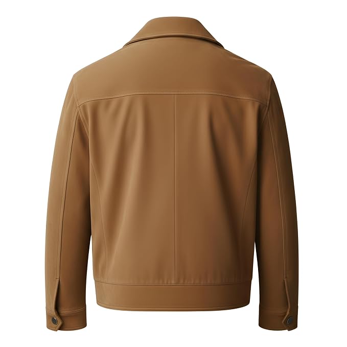 Back view of the tan Titan Howl Heritage Luxe Suede Leather Jacket featuring dual chest patch pockets and a spread shirt collar.