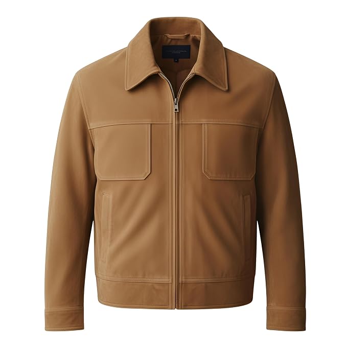 Side view of the tan Titan Howl Heritage Luxe Suede Leather Jacket featuring dual chest patch pockets and a spread shirt collar.