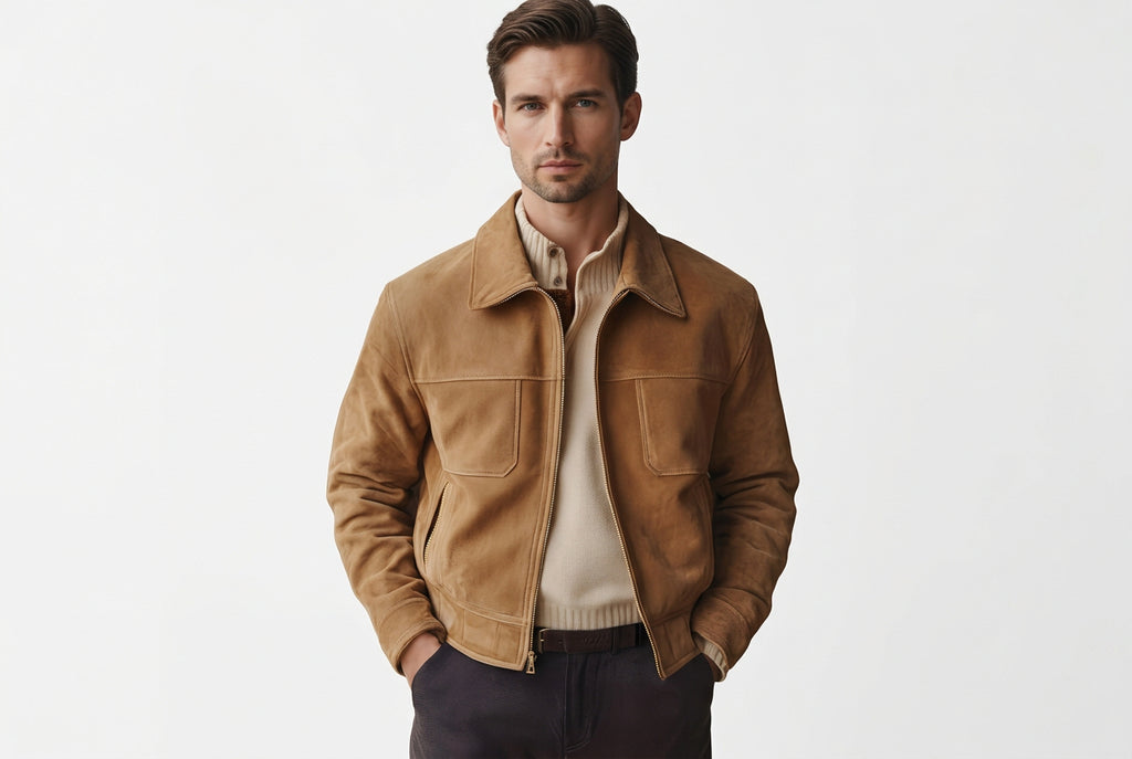 Front view of the tan Titan Howl Heritage Luxe Suede Leather Jacket featuring dual chest patch pockets and a spread shirt collar.
