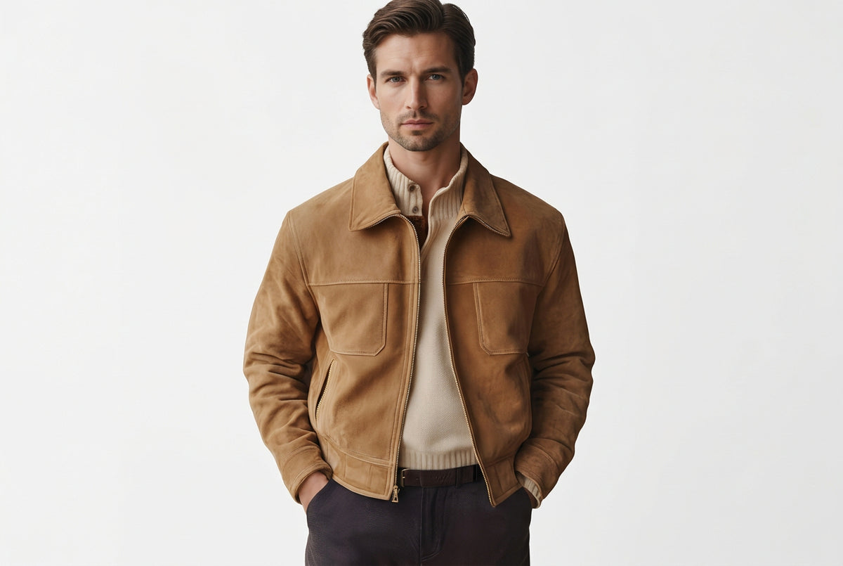 Front view of the tan Titan Howl Heritage Luxe Suede Leather Jacket featuring dual chest patch pockets and a spread shirt collar.