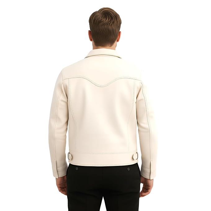 Back view of a man wearing the off-white Titan Pelt Vintage Lambskin Mens Moto Leather Jacket featuring angled slanted pockets and antique brass buttons.