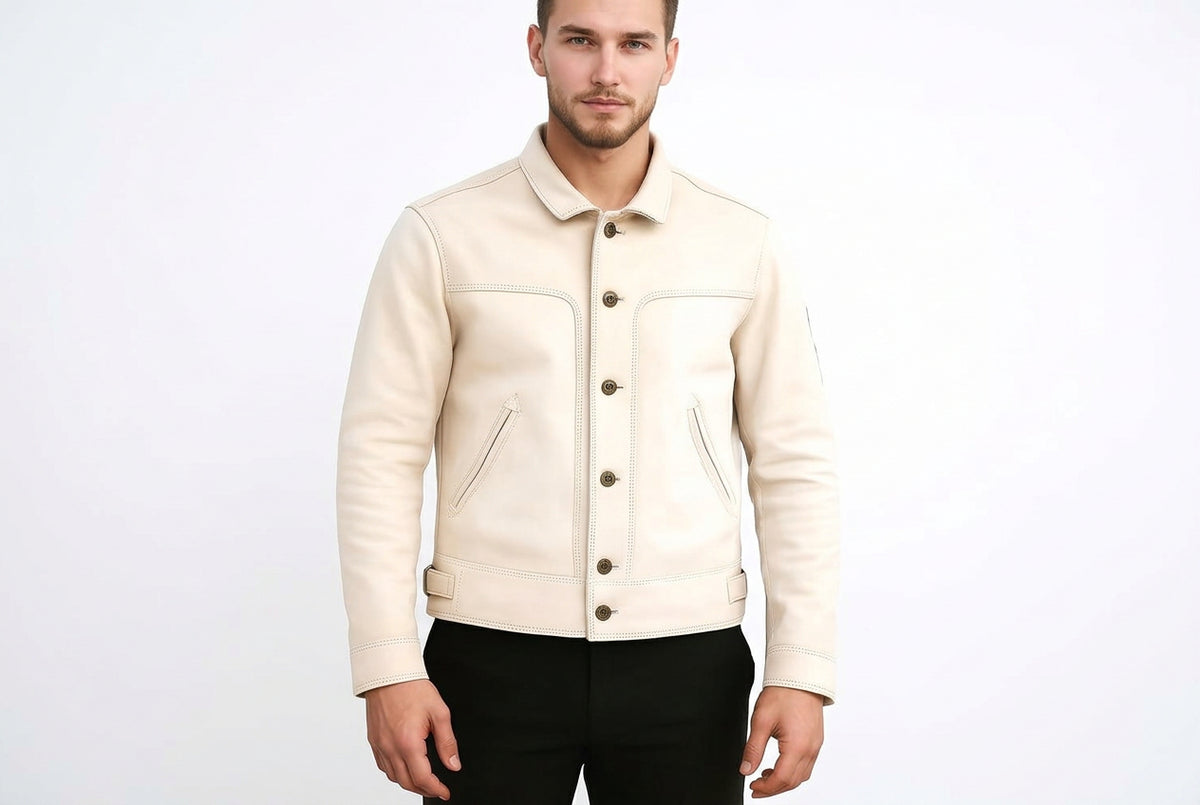 Front view of a man wearing the off-white Titan Pelt Vintage Lambskin Mens Moto Leather Jacket featuring angled slanted pockets and antique brass buttons.