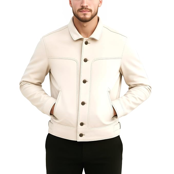 Side view of a man wearing the off-white Titan Pelt Vintage Lambskin Mens Moto Leather Jacket featuring angled slanted pockets and antique brass buttons.