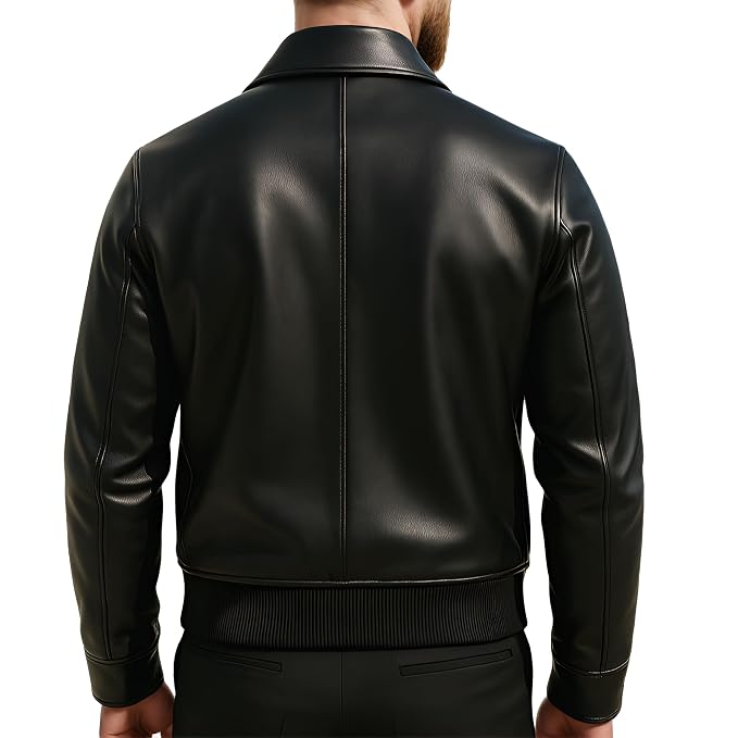 Back view of a man wearing the black Titan Road Modern Cut Lambskin Racer Jacket featuring dual flap cargo pockets and a shirt collar.