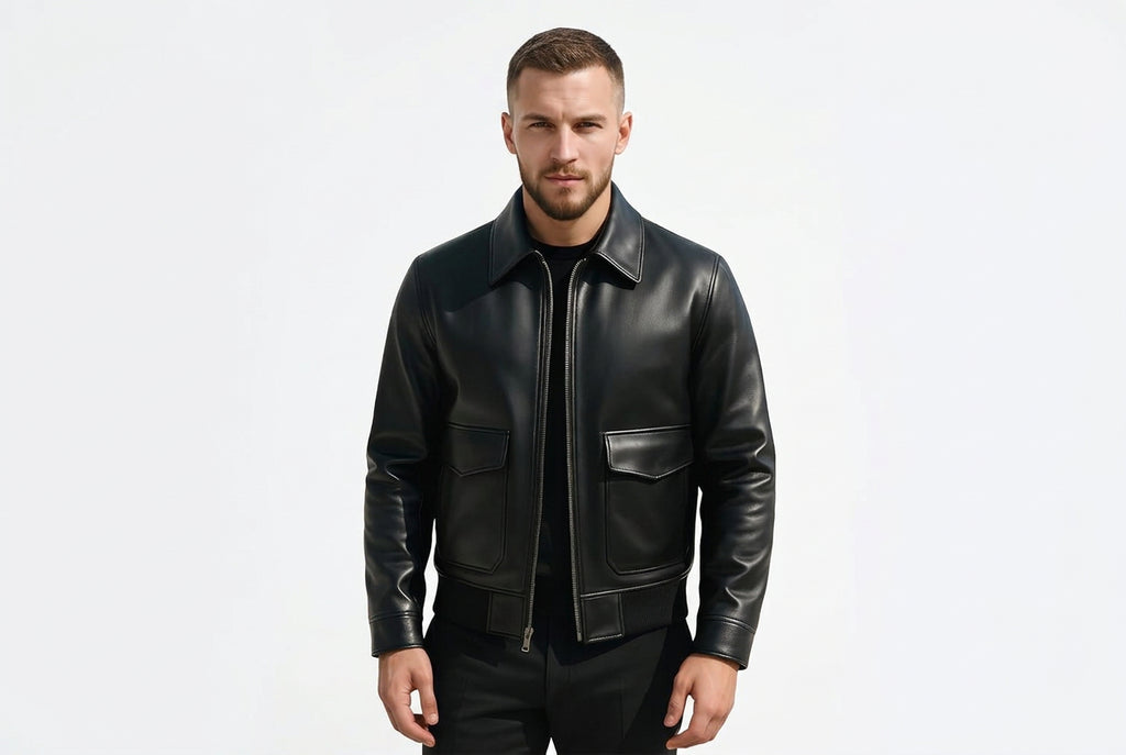 Front view of a man wearing the black Titan Road Modern Cut Lambskin Racer Jacket featuring dual flap cargo pockets and a shirt collar.