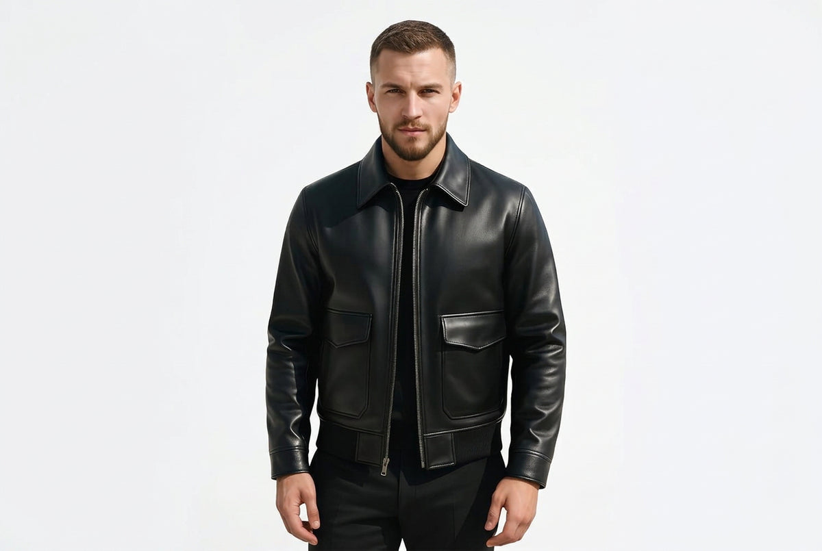Front view of a man wearing the black Titan Road Modern Cut Lambskin Racer Jacket featuring dual flap cargo pockets and a shirt collar.