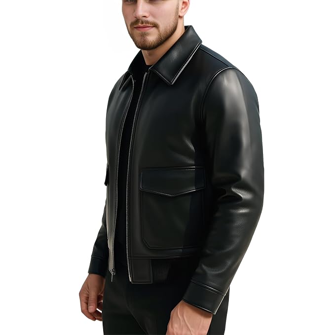 Side view of a man wearing the black Titan Road Modern Cut Lambskin Racer Jacket featuring dual flap cargo pockets and a shirt collar.
