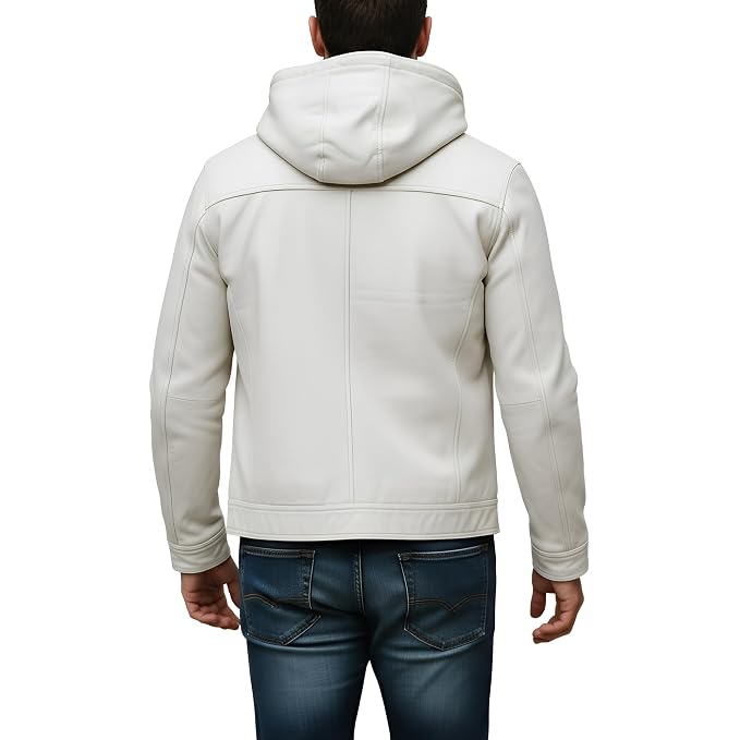 Back view of a man wearing the off-white Titan Trail Luxe Heritage Real Leather Bomber Jacket featuring an integrated fleece-lined hood and zip closure.