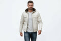 Front view of a man wearing the off-white Titan Trail Luxe Heritage Real Leather Bomber Jacket featuring an integrated fleece-lined hood and zip closure.
