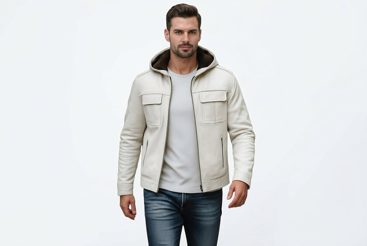 Front view of a man wearing the off-white Titan Trail Luxe Heritage Real Leather Bomber Jacket featuring an integrated fleece-lined hood and zip closure.