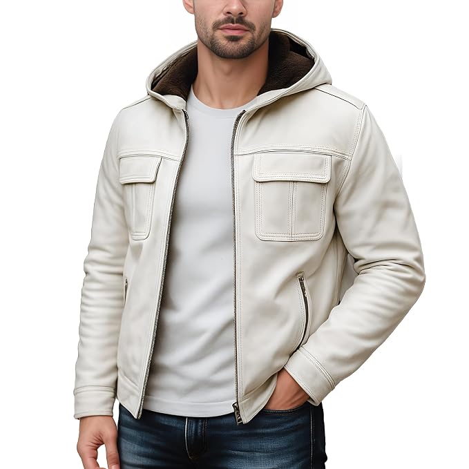 Side view of a man wearing the off-white Titan Trail Luxe Heritage Real Leather Bomber Jacket featuring an integrated fleece-lined hood and zip closure.