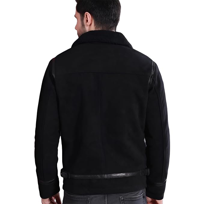 Back view of a man wearing the black Titan Weave Elite Mode Suede Jacket featuring a plush fur collar and smooth leather trim piping.