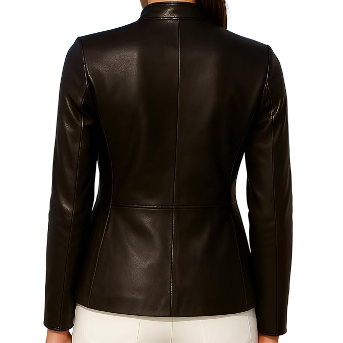 Titanmark women's vintage dark chocolate brown genuine soft lambskin real leather military safari jacket featuring a mandarin stand collar, single-breasted button front closure, four buttoned flap patch pockets, long fitted sleeves, and custom made-to-measure fitting across the UK, USA, and Australia.back