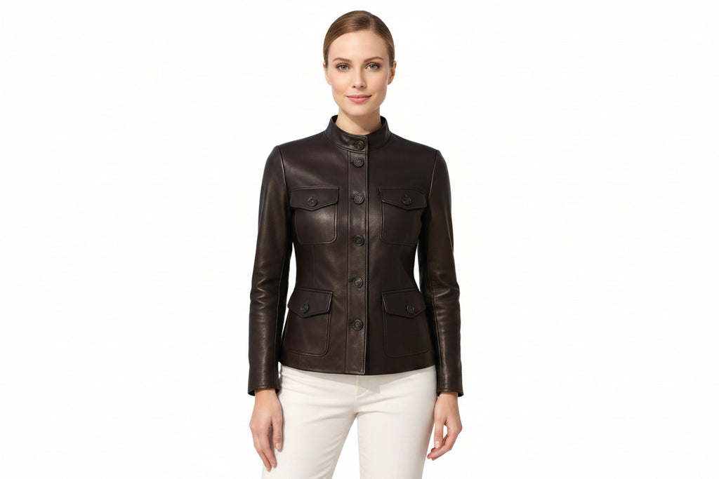 Titanmark women's vintage dark chocolate brown genuine soft lambskin real leather military safari jacket featuring a mandarin stand collar, single-breasted button front closure, four buttoned flap patch pockets, long fitted sleeves, and custom made-to-measure fitting across the UK, USA, and Australia.