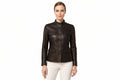 Titanmark women's vintage dark chocolate brown genuine soft lambskin real leather military safari jacket featuring a mandarin stand collar, single-breasted button front closure, four buttoned flap patch pockets, long fitted sleeves, and custom made-to-measure fitting across the UK, USA, and Australia.