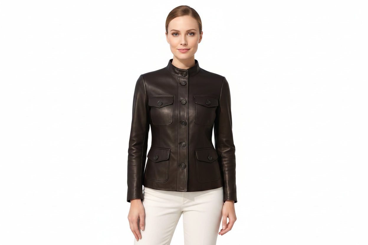 Titanmark women's vintage dark chocolate brown genuine soft lambskin real leather military safari jacket featuring a mandarin stand collar, single-breasted button front closure, four buttoned flap patch pockets, long fitted sleeves, and custom made-to-measure fitting across the UK, USA, and Australia.