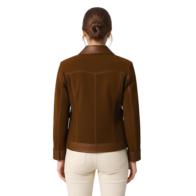 Titantrail women's dark chocolate brown genuine soft suede real leather moto jacket featuring smooth brown leather contrast trim on the fold-over collar, snap-button placket, dual flap patch pockets, cuffs, and hem, with long fitted sleeves and custom made-to-measure fitting across the UK, USA, and Australia.