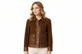 Titantrail women's dark chocolate brown genuine soft suede real leather moto jacket featuring smooth brown leather contrast trim on the fold-over collar, snap-button placket, dual flap patch pockets, cuffs, and hem, with long fitted sleeves and custom made-to-measure fitting across the UK, USA, and Australia.