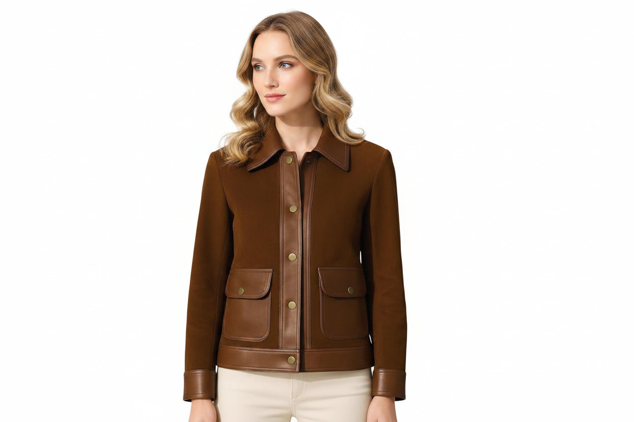 Titantrail women's dark chocolate brown genuine soft suede real leather moto jacket featuring smooth brown leather contrast trim on the fold-over collar, snap-button placket, dual flap patch pockets, cuffs, and hem, with long fitted sleeves and custom made-to-measure fitting across the UK, USA, and Australia.