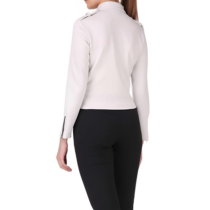 Titanwolf women's crisp off-white genuine soft lambskin real leather urban biker jacket featuring wide notch lapels, buttoned shoulder epaulets, asymmetrical front zipper with contrast dark zipper tape, vertical zip side pockets, zipper cuffs, long fitted sleeves, and custom made-to-measure fitting across the UK, USA, and Australia.back