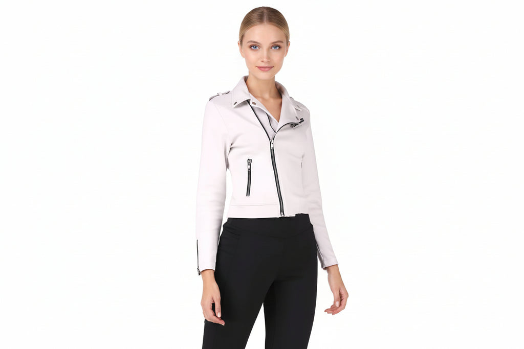 Titanwolf women's crisp off-white genuine soft lambskin real leather urban biker jacket featuring wide notch lapels, buttoned shoulder epaulets, asymmetrical front zipper with contrast dark zipper tape, vertical zip side pockets, zipper cuffs, long fitted sleeves, and custom made-to-measure fitting across the UK, USA, and Australia.