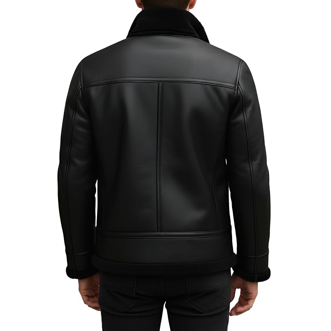 Back view of a man wearing the black Torque Hide Jet Black Lambskin Mens Classic Leather Jacket featuring a shearling-lined high collar and snap storm placket.