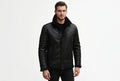 Front view of a man wearing the black Torque Hide Jet Black Lambskin Mens Classic Leather Jacket featuring a shearling-lined high collar and snap storm placket.