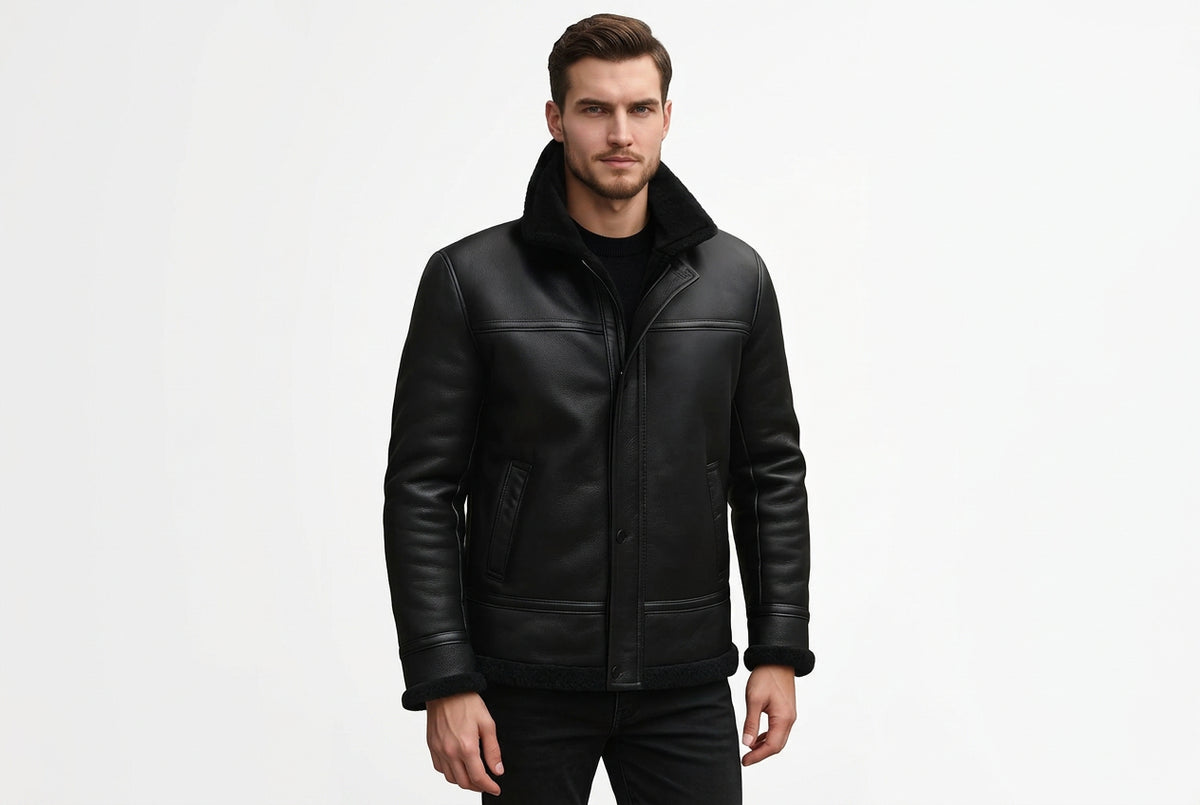 Front view of a man wearing the black Torque Hide Jet Black Lambskin Mens Classic Leather Jacket featuring a shearling-lined high collar and snap storm placket.