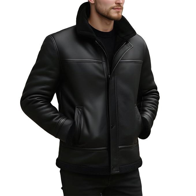 Side view of a man wearing the black Torque Hide Jet Black Lambskin Mens Classic Leather Jacket featuring a shearling-lined high collar and snap storm placket.