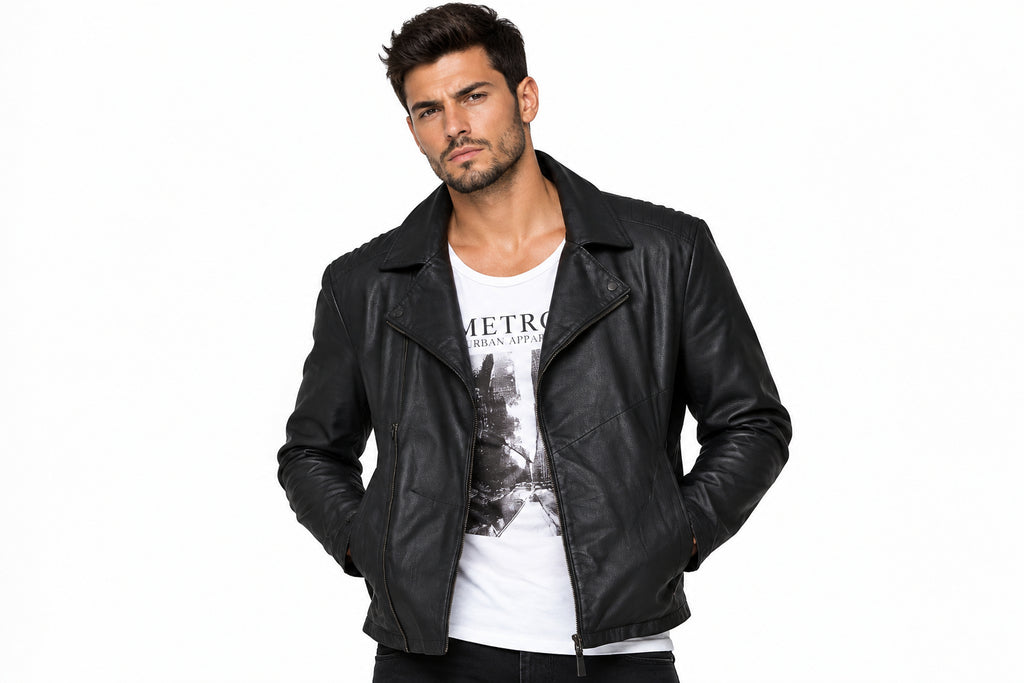 Front view of a man wearing the black Urban-Craft Asymmetrical Jacket featuring notched lapels and an asymmetrical zipper.