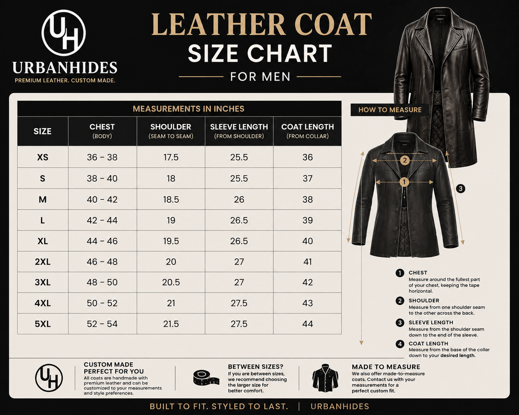 Men’s leather coat size chart for Urbanhides showing chest, shoulder, sleeve length, and coat length measurements with a guide for finding the perfect fit.