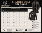 Men’s leather coat size chart for Urbanhides showing chest, shoulder, sleeve length, and coat length measurements with a guide for finding the perfect fit.