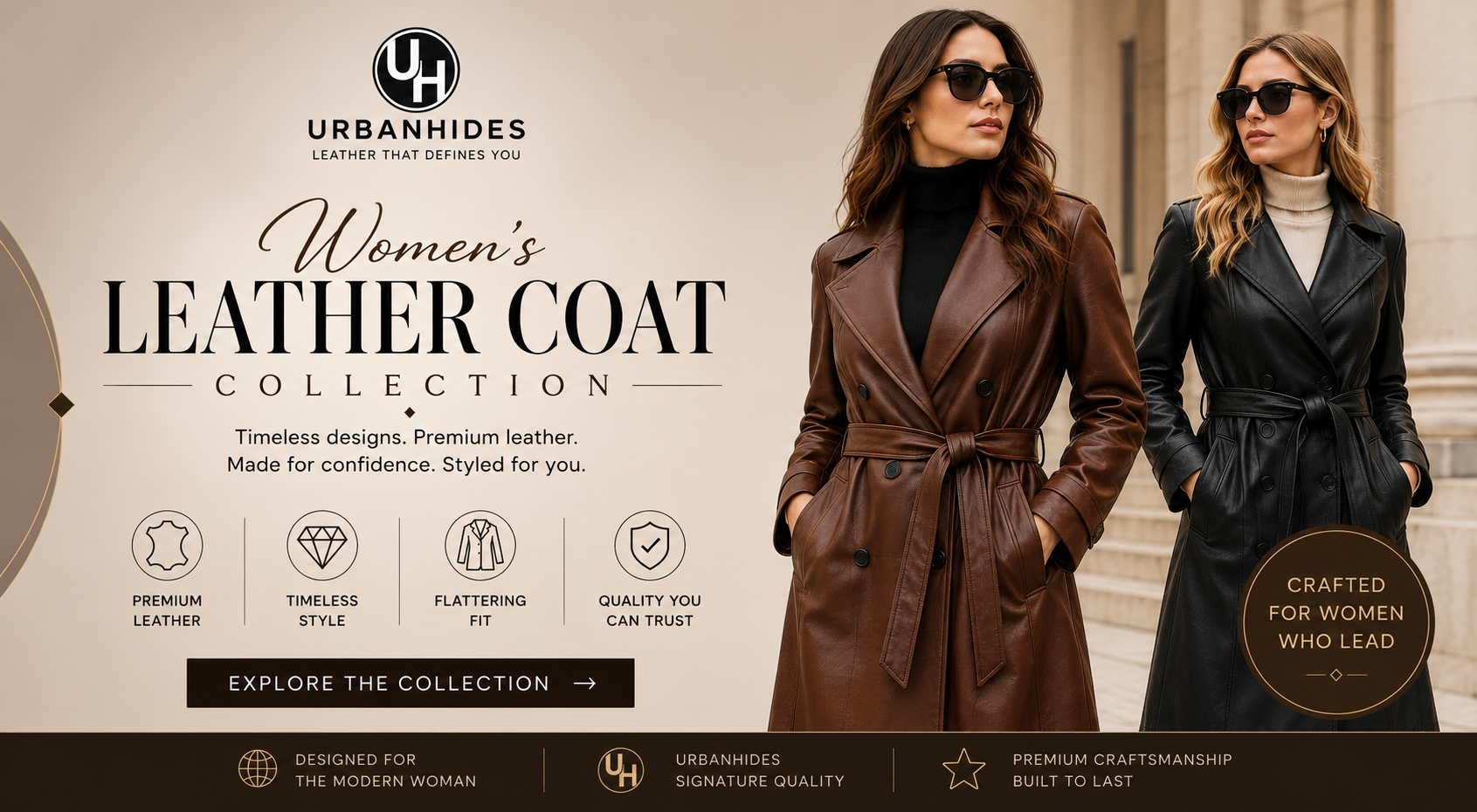 UrbanHides women’s leather coat collection banner featuring premium brown and black leather coats, luxury fashion styling and timeless designs for women in the UK, USA and Australia.