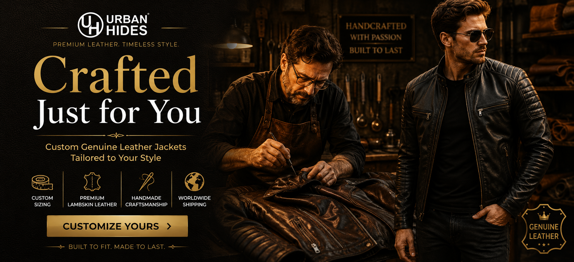 UrbanHides handcrafted genuine lambskin leather jackets featuring custom sizing, premium craftsmanship, bespoke tailoring, luxury leather fashion, and worldwide shipping for USA, UK, Europe, Australia, and global customers.