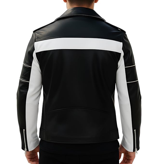 Back view of a man wearing the black and white Urban Forge Avant Lambskin Zip-Up Leather Jacket featuring asymmetrical zippers and contrast side panels.