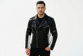 Front view of a man wearing the black and white Urban Forge Avant Lambskin Zip-Up Leather Jacket featuring asymmetrical zippers and contrast side panels.