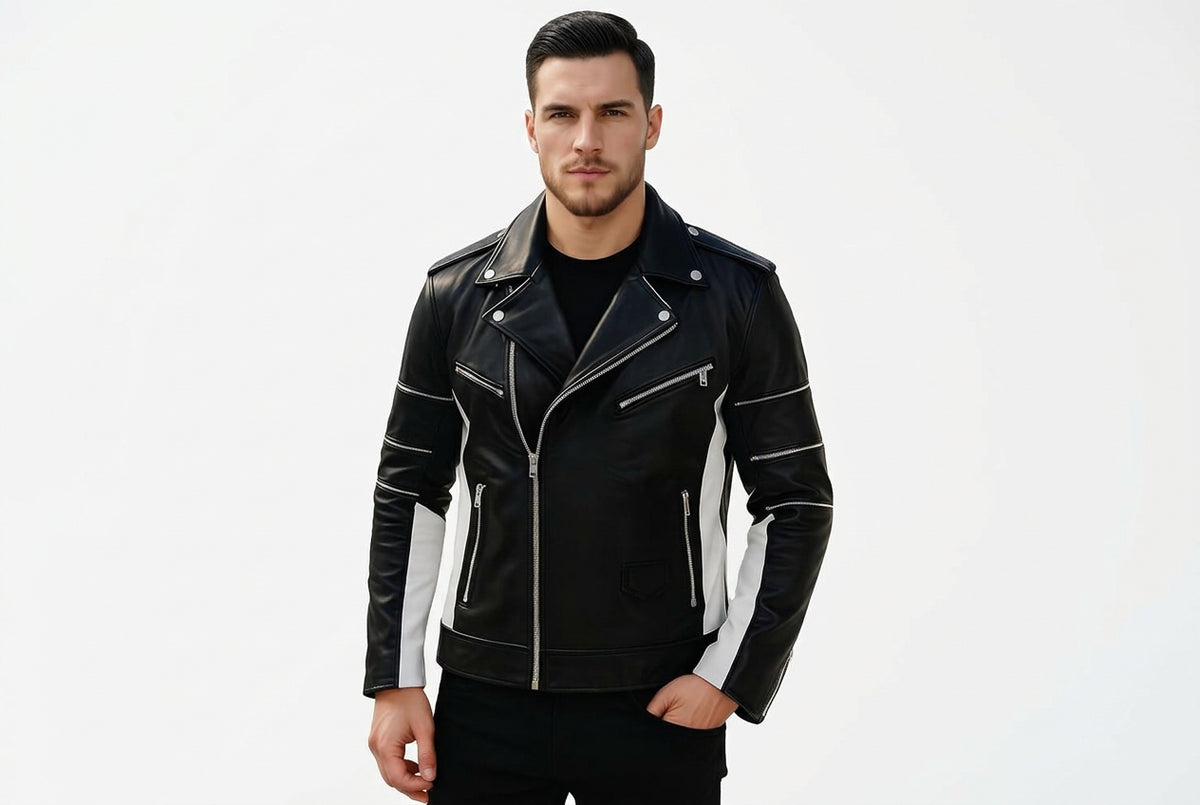 Front view of a man wearing the black and white Urban Forge Avant Lambskin Zip-Up Leather Jacket featuring asymmetrical zippers and contrast side panels.