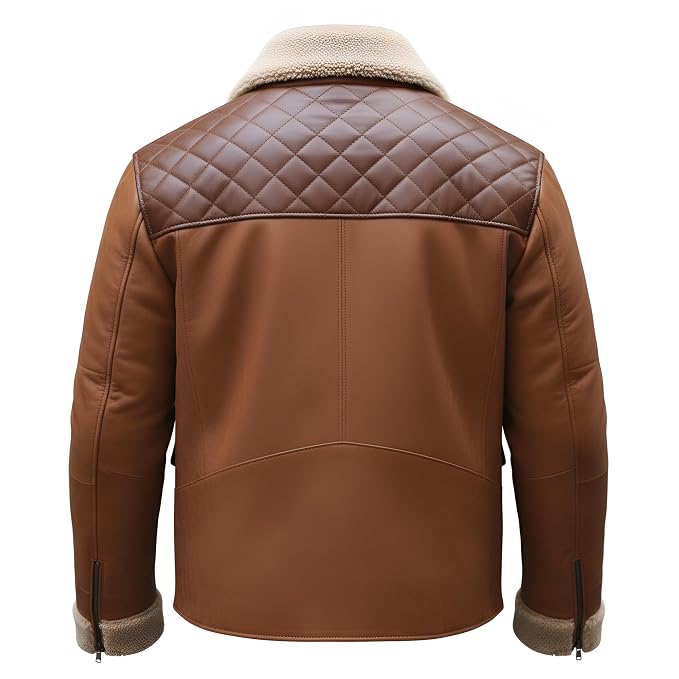 Back view of the brown Urban Mantle Supreme Luxe Lambskin and Suede Leather Jacket featuring a cream shearling collar and diamond-quilted panels.