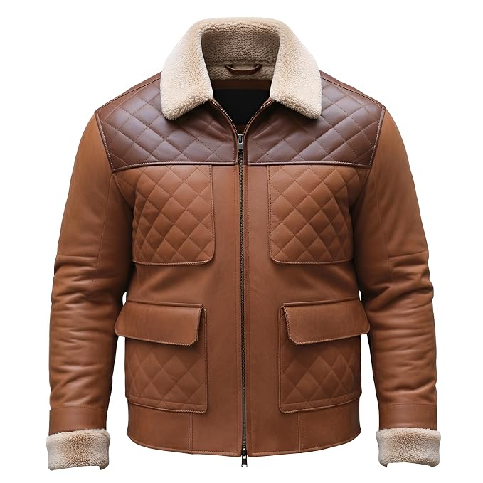 Front 1 view of the brown Urban Mantle Supreme Luxe Lambskin and Suede Leather Jacket featuring a cream shearling collar and diamond-quilted panels.