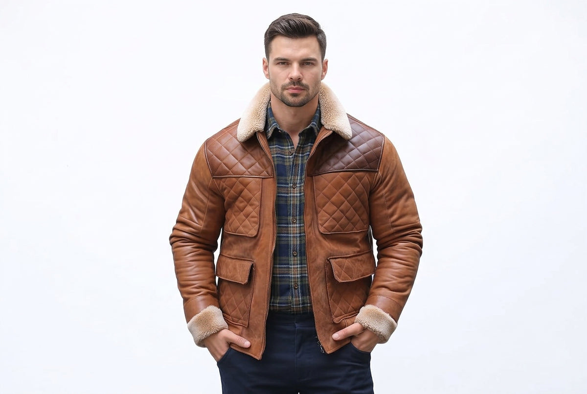 Front view of the brown Urban Mantle Supreme Luxe Lambskin and Suede Leather Jacket featuring a cream shearling collar and diamond-quilted panels.