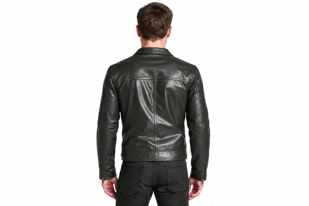 Back view of a man wearing the Urban Pace Leather Cafe Racer Jacket featuring notched lapels and an asymmetrical zipper.