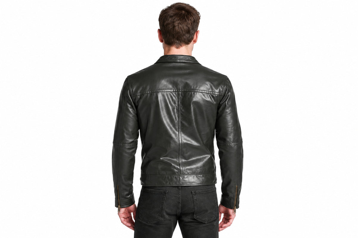 Back view of a man wearing the Urban Pace Leather Cafe Racer Jacket featuring notched lapels and an asymmetrical zipper.