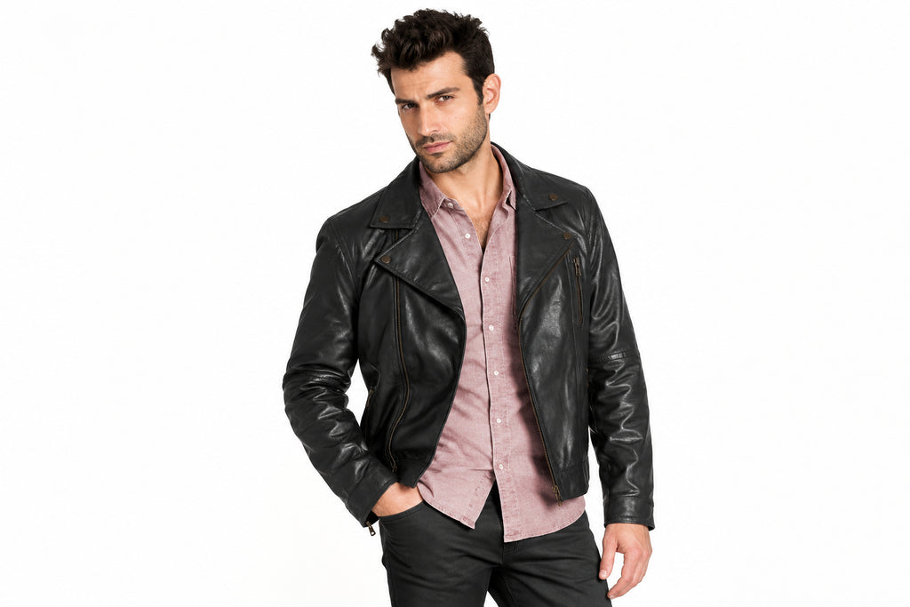 Front view of a man wearing the Urban Pace Leather Cafe Racer Jacket featuring notched lapels and an asymmetrical zipper.