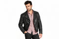 Front view of a man wearing the Urban Pace Leather Cafe Racer Jacket featuring notched lapels and an asymmetrical zipper.